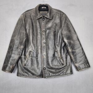 Guess Leather Jacket Mens Large Black Distressed Button Front Quilted Lined